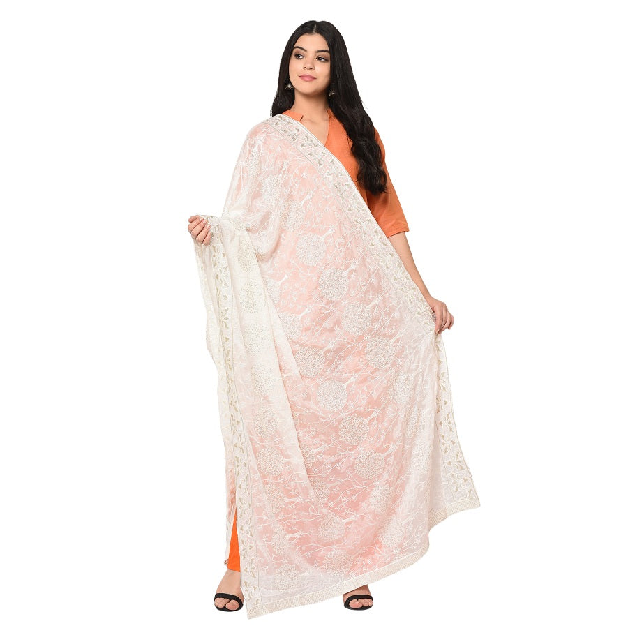 Pure Crepe Chiffon White Dyeable Dupatta With Sequence And Thread Work by The Amritsar Store - The Amritsar Store