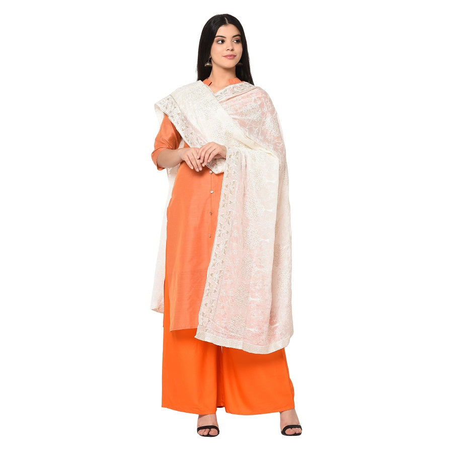Pure Crepe Chiffon White Dyeable Dupatta With Sequence And Thread Work by The Amritsar Store - The Amritsar Store