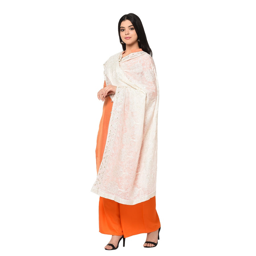 Pure Crepe Chiffon White Dyeable Dupatta With Sequence And Thread Work by The Amritsar Store - The Amritsar Store