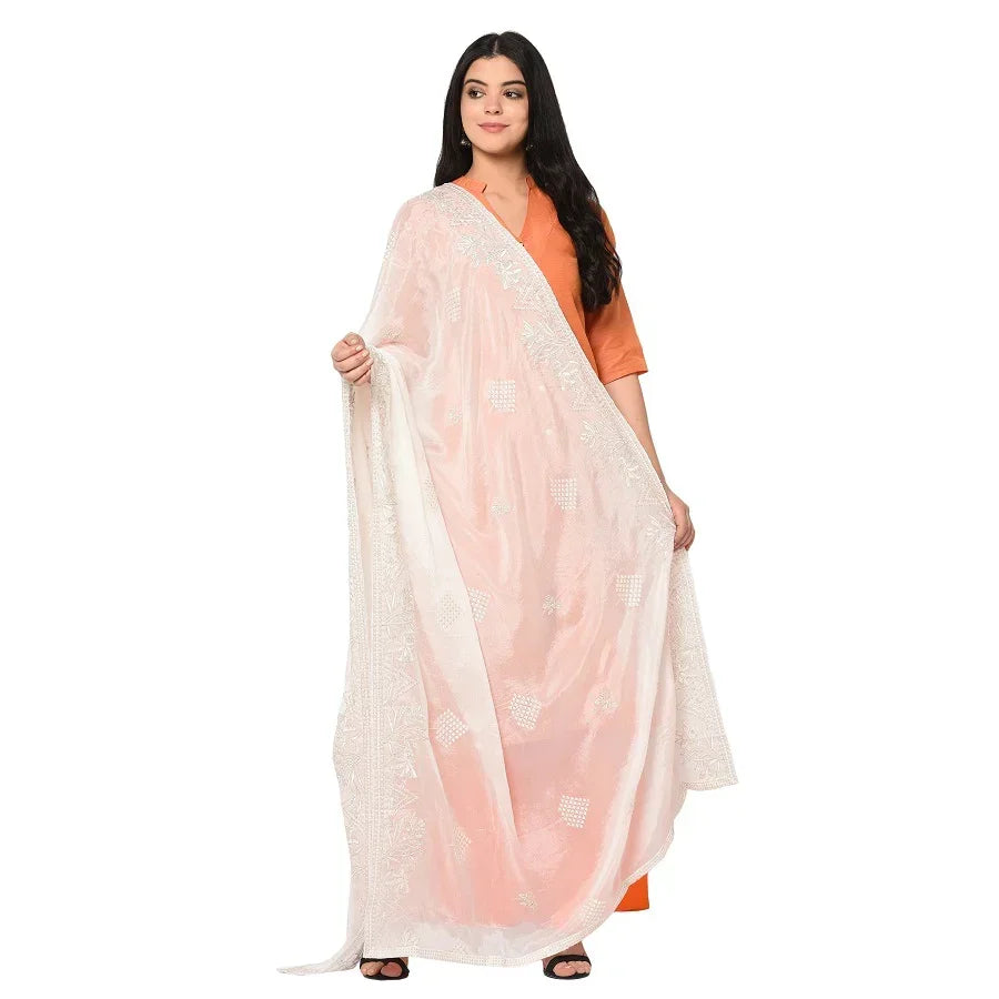 Pure Crepe Chiffon White Dyeable Dupatta With Sequence And Thread Work by The Amritsar Store - The Amritsar Store