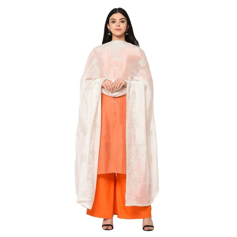 Pure Crepe Chiffon White Dyeable Dupatta With Sequence And Thread Work by The Amritsar Store - The Amritsar Store