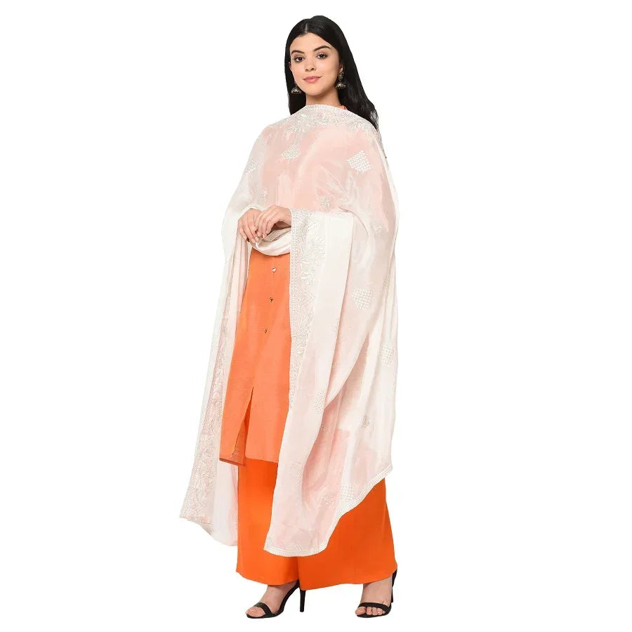 Pure Crepe Chiffon White Dyeable Dupatta With Sequence And Thread Work by The Amritsar Store - The Amritsar Store