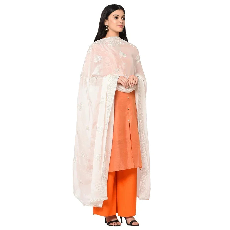 Pure Crepe Chiffon White Dyeable Dupatta With Sequence And Thread Work by The Amritsar Store - The Amritsar Store