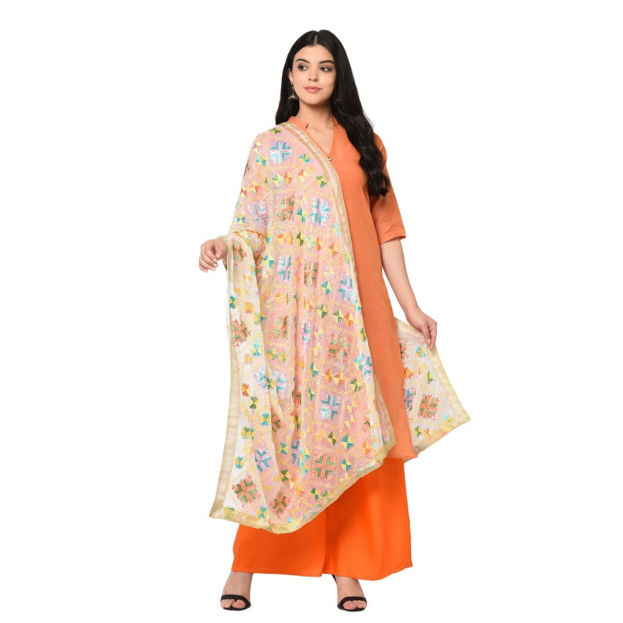 Floral Off-White Phulkari Dupatta With Multicolor Embroidery by The Amritsar Store - The Amritsar Store