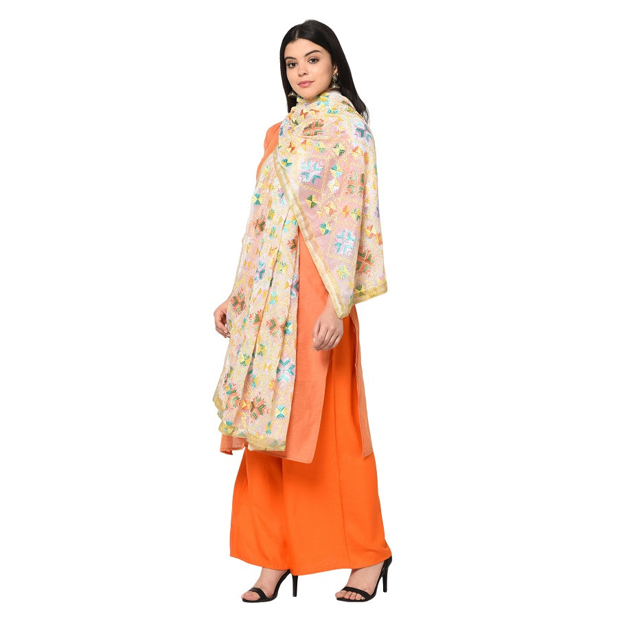 Floral Off-White Phulkari Dupatta With Multicolor Embroidery by The Amritsar Store - The Amritsar Store