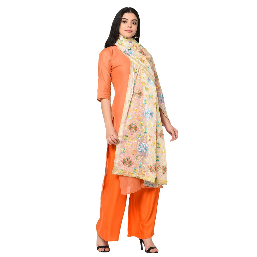 Floral Off-White Phulkari Dupatta With Multicolor Embroidery by The Amritsar Store - The Amritsar Store
