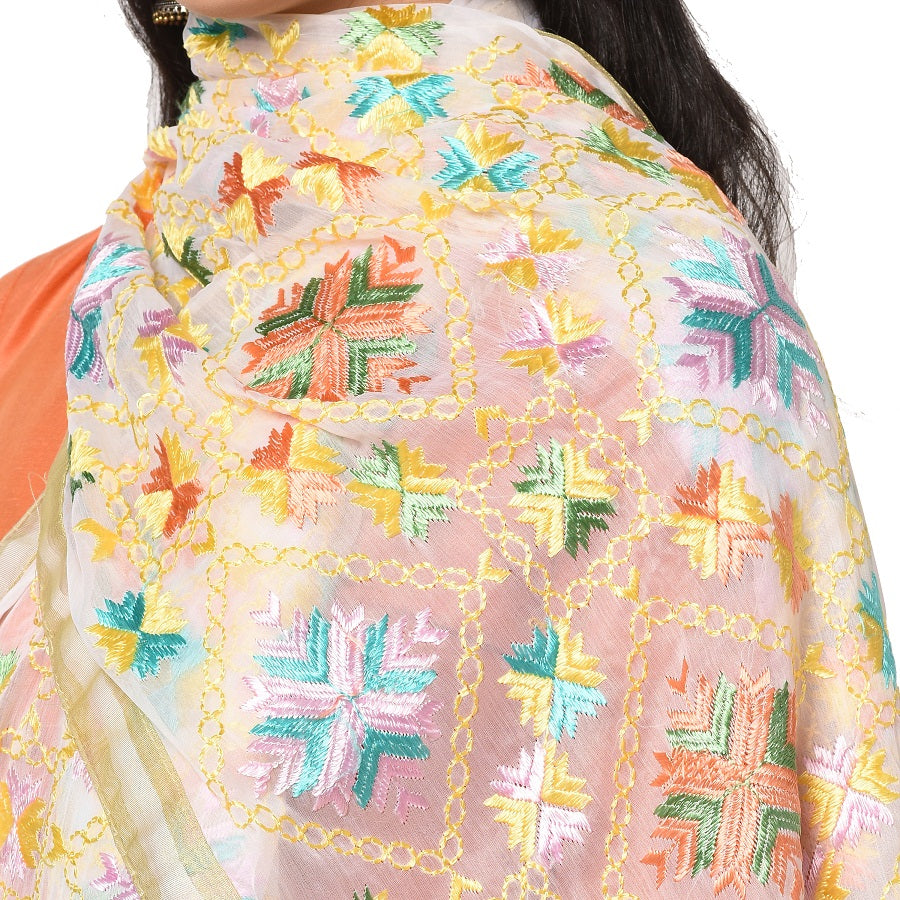 Floral Off-White Phulkari Dupatta With Multicolor Embroidery by The Amritsar Store - The Amritsar Store