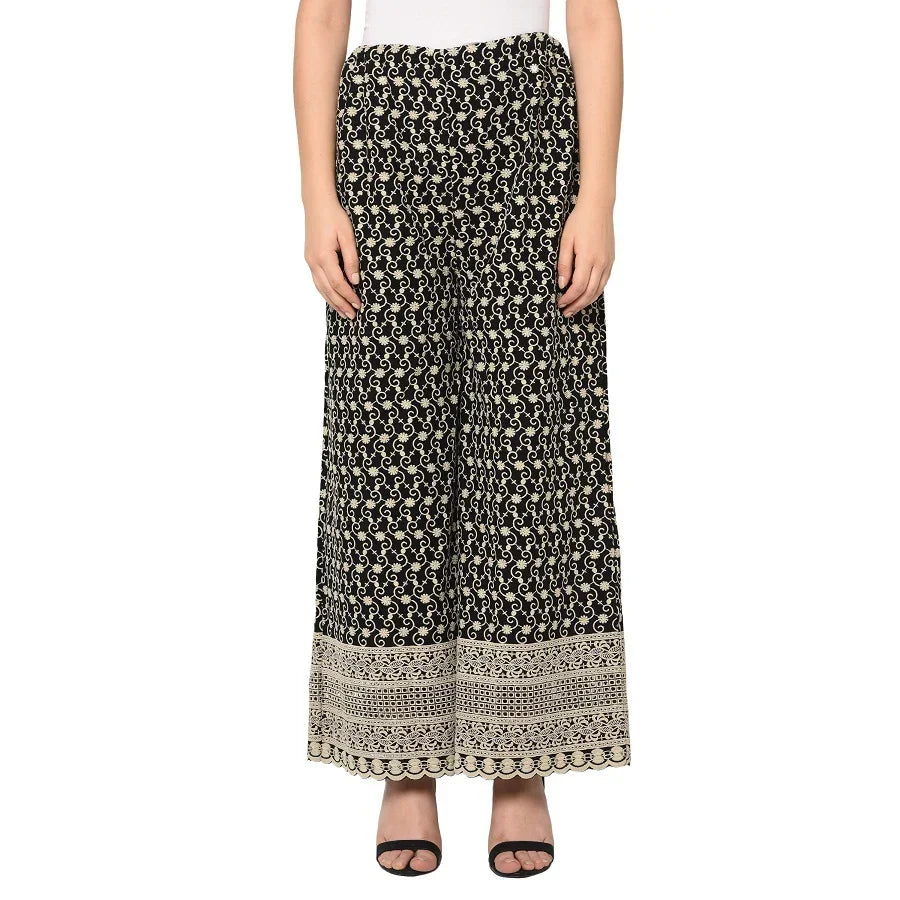 Black Plazzo With Off White Thread Work At The Bottom - The Amritsar Store