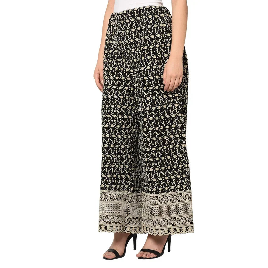 Black Plazzo With Off White Thread Work At The Bottom - The Amritsar Store