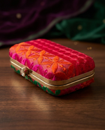 The Amritsar Store Multicolor Phulkari Embroidery Metal Frame Clutch with Traditional Punjabi Phulkari Fabric Design