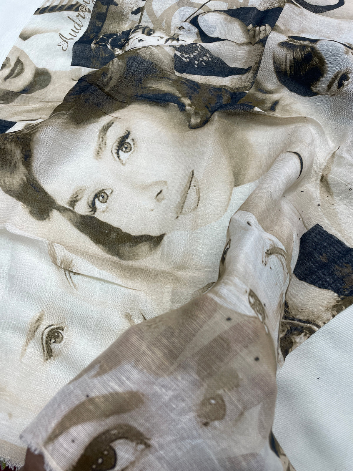 Vintage Hollywood print scarf in beige and sepia tones featuring classic cinema-inspired artwork by The Amritsar Store