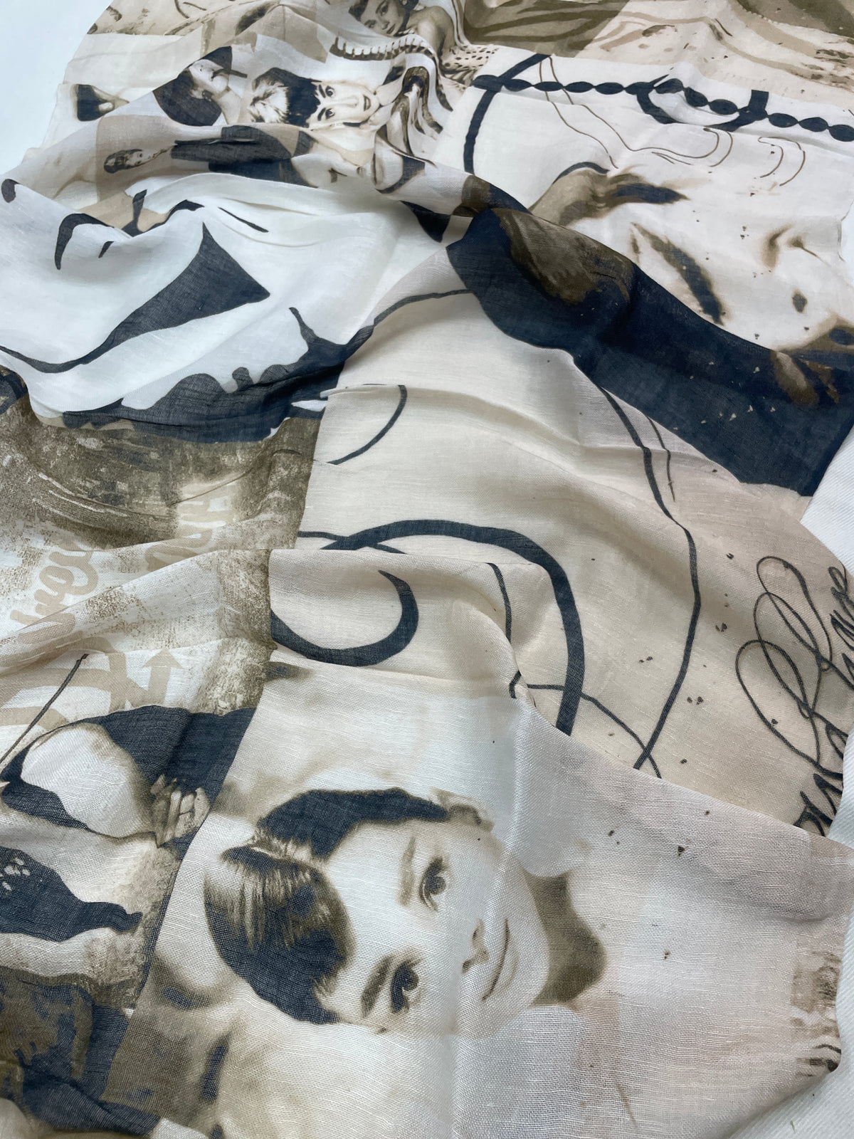 Vintage Hollywood print scarf in beige and sepia tones featuring classic cinema-inspired artwork by The Amritsar Store