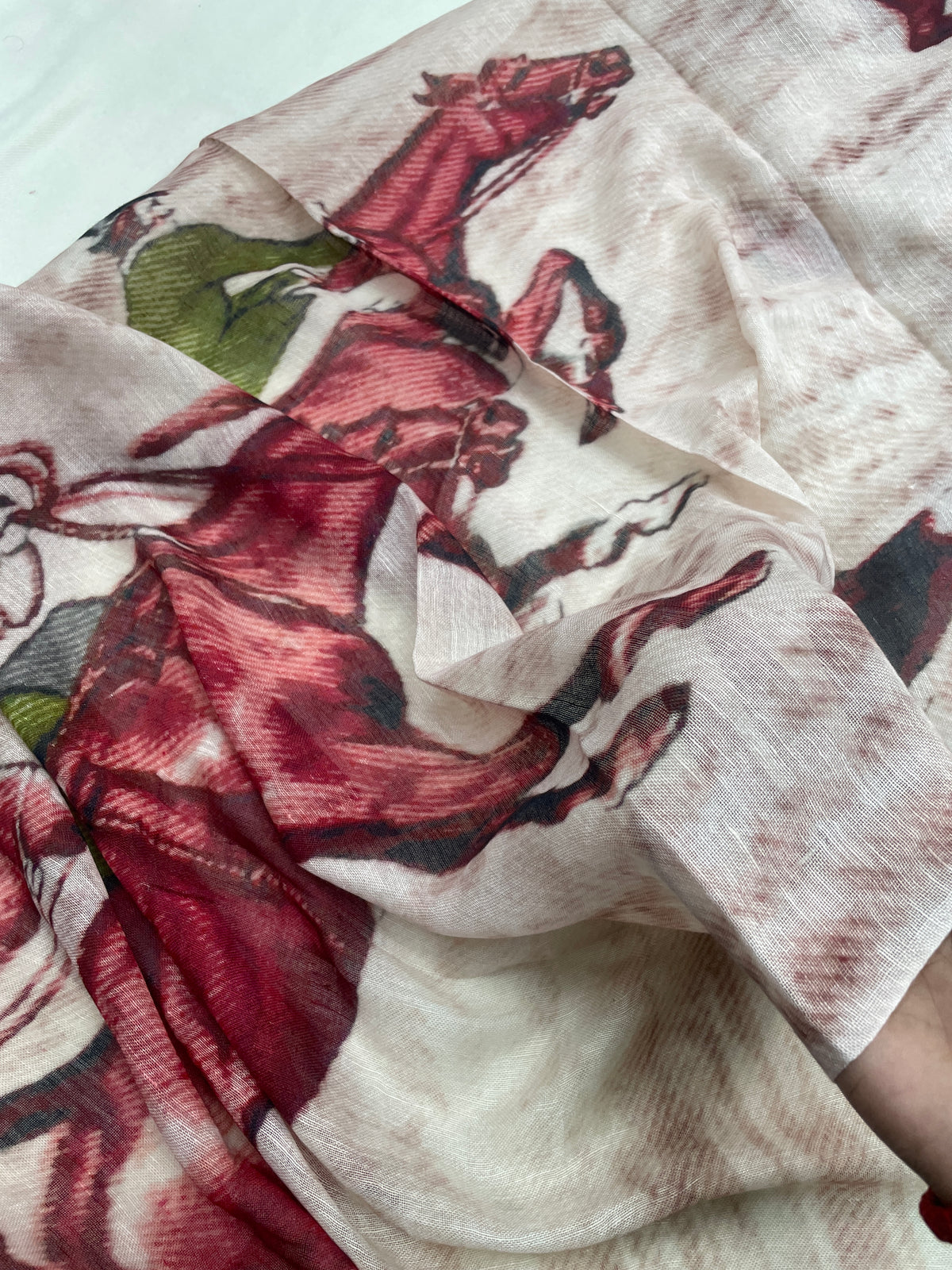 The Amritsar Store vintage horse polo print scarf in beige and rust brown soft wool blend wrap