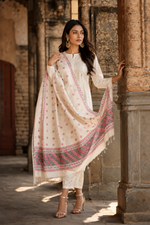 Hand embroidered white Phulkari dupatta with pink and grey Punjabi threadwork, traditional ethnic design and handcrafted detailing by The Amritsar Store