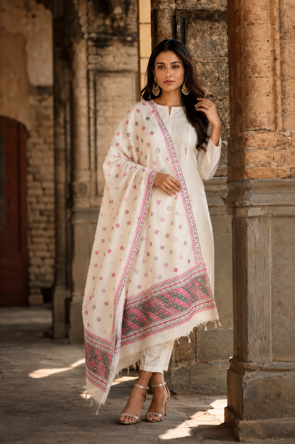 Hand embroidered white Phulkari dupatta with pink and grey Punjabi threadwork, traditional ethnic design and handcrafted detailing by The Amritsar Store