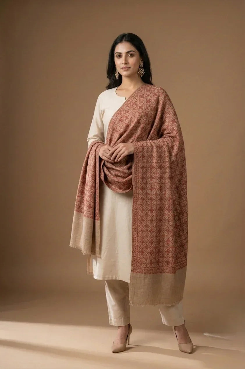 Women's Wool Shawl – Beige Hand Embroidered Elegant Wrap | The Amritsar Store - The Amritsar Store