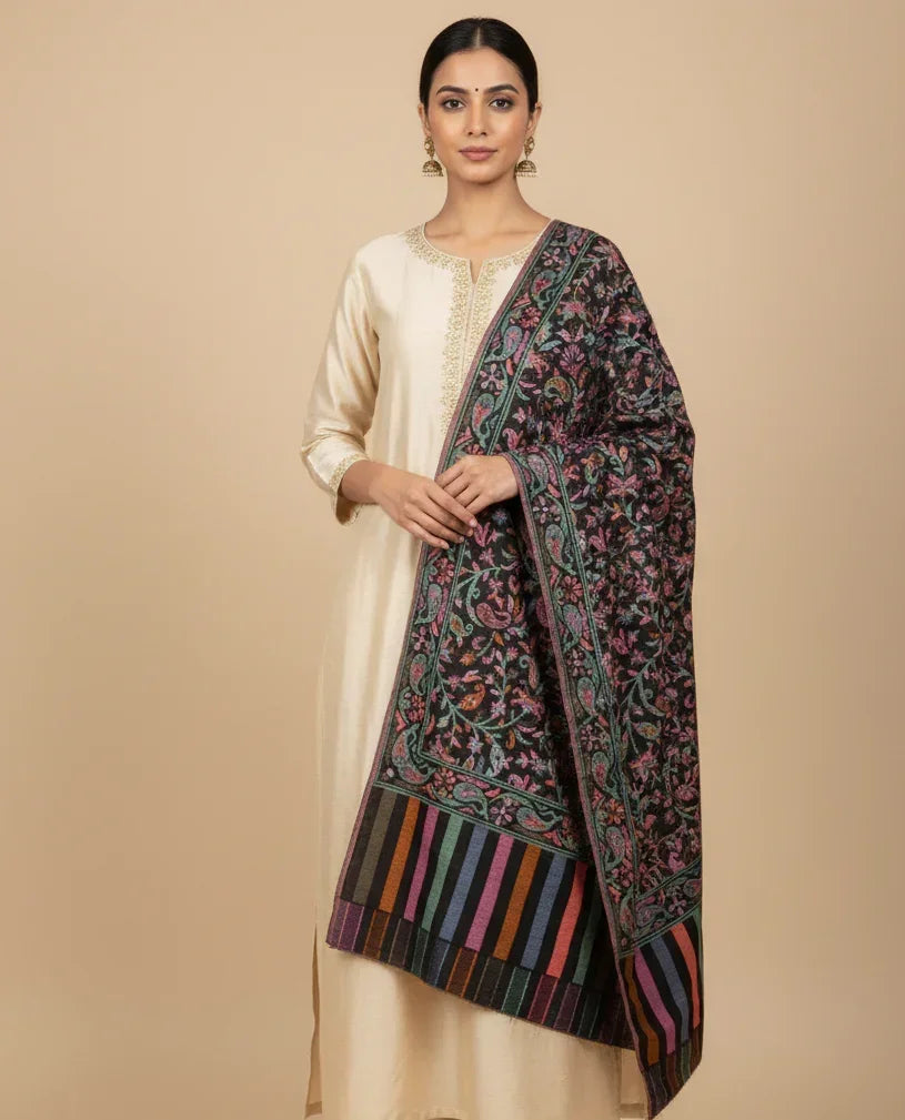 The Amritsar Store Womens Black Fine Wool Floral Kashmiri Shawl - The Amritsar Store