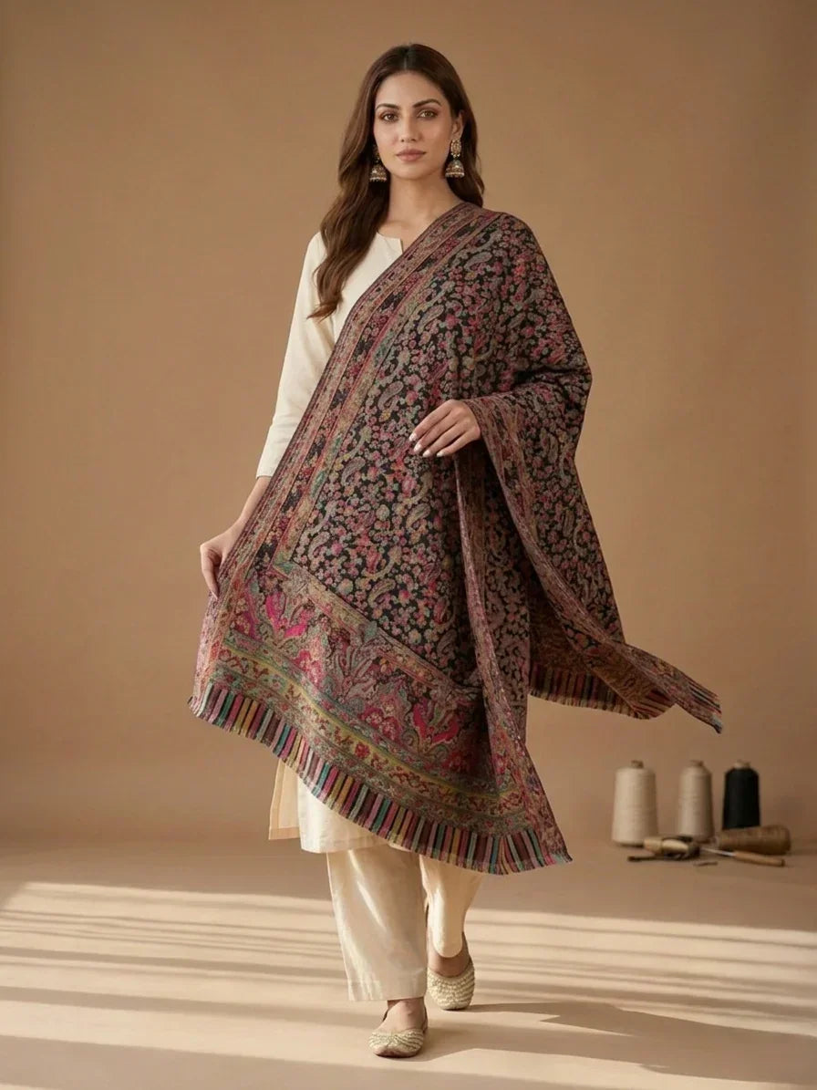 Women's Shawl Black Kashmiri Kani – Paisley & Floral Jaal Designer Wrap | The Amritsar Store - The Amritsar Store