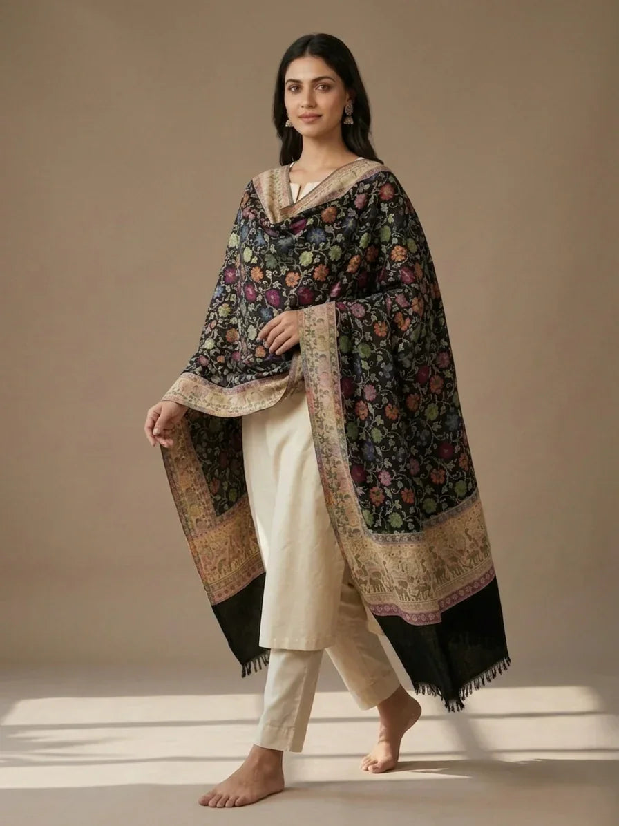Women's Black Floral Jaal Shawl – Sozni Style Designer Wrap | The Amritsar Store - The Amritsar Store