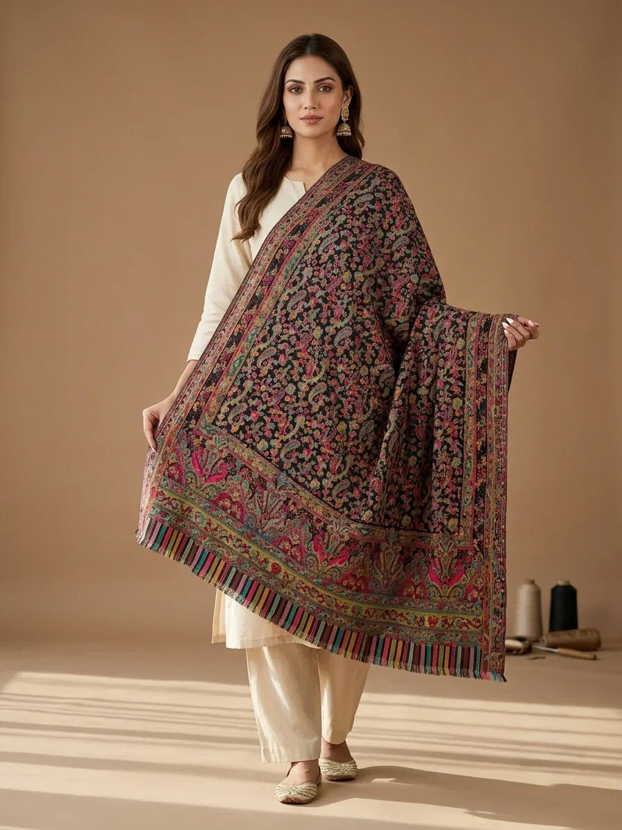 Women's Shawl Black Kashmiri Kani – Paisley & Floral Jaal Designer Wrap | The Amritsar Store - The Amritsar Store
