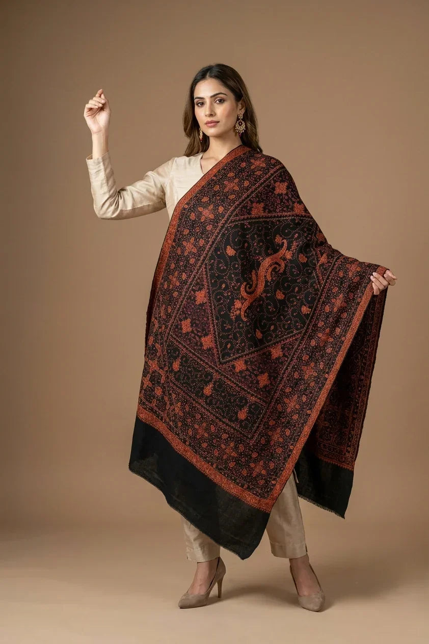 Women's Black Pashmina Shawl – Intricate Sozni Embroidery | The Amritsar Store - The Amritsar Store