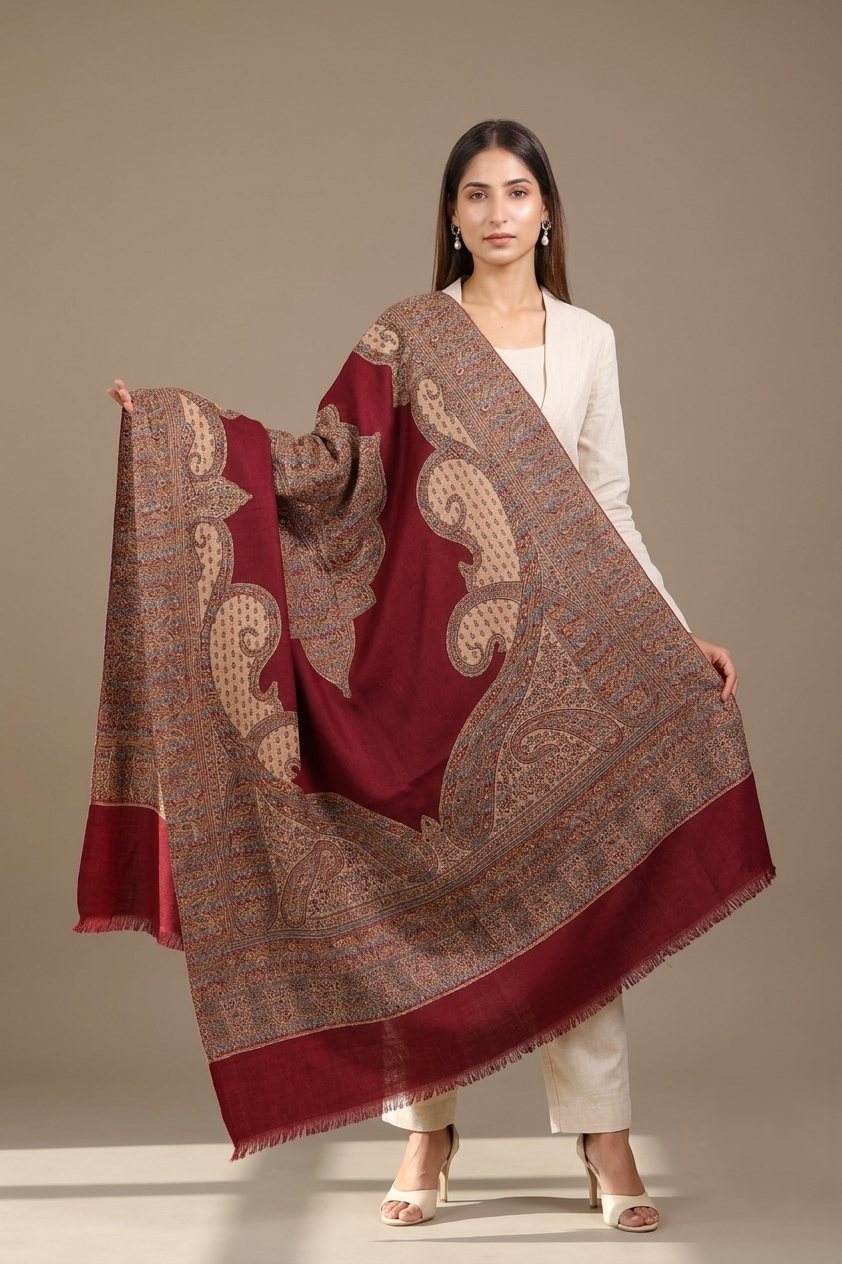 Women's elegant Kashmiri Jamawar shawl featuring classic Paisley motifs with intricate traditional woven craftsmanship by The Amritsar Store.