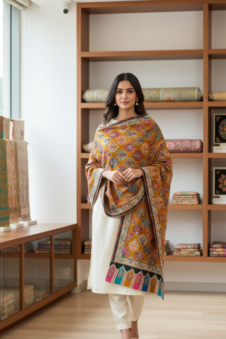 The Amritsar Store Womens Extra Fine Wool Shawl ,Kalamkari Design,Multicolor