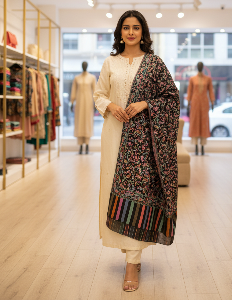 The Amritsar Store Women’s Black Fine Wool Kashmiri Shawl with intricate floral embroidery – elegant handcrafted wrap for timeless style and warmth.