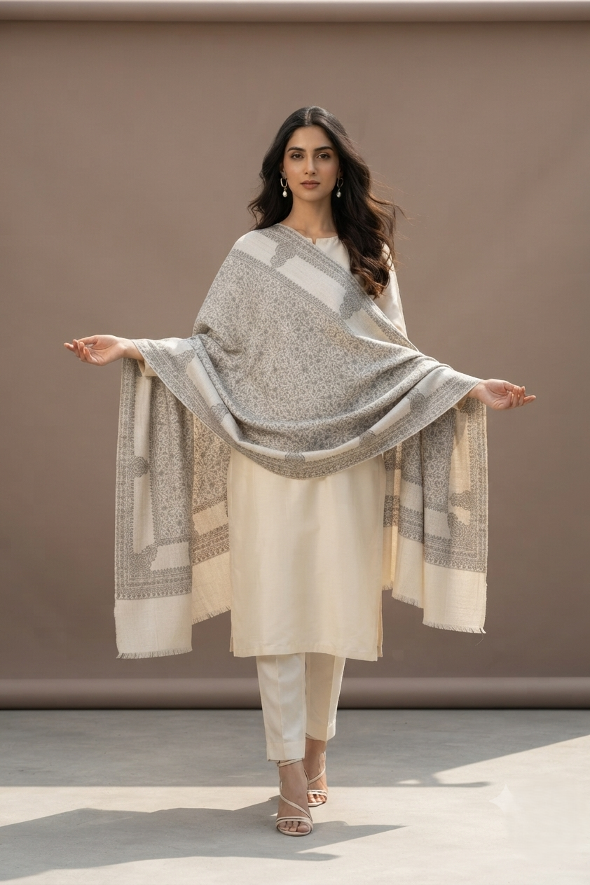 Women's grey wool shawl featuring elegant Sozni embroidery with a self-weave design, handcrafted by The Amritsar Store.
