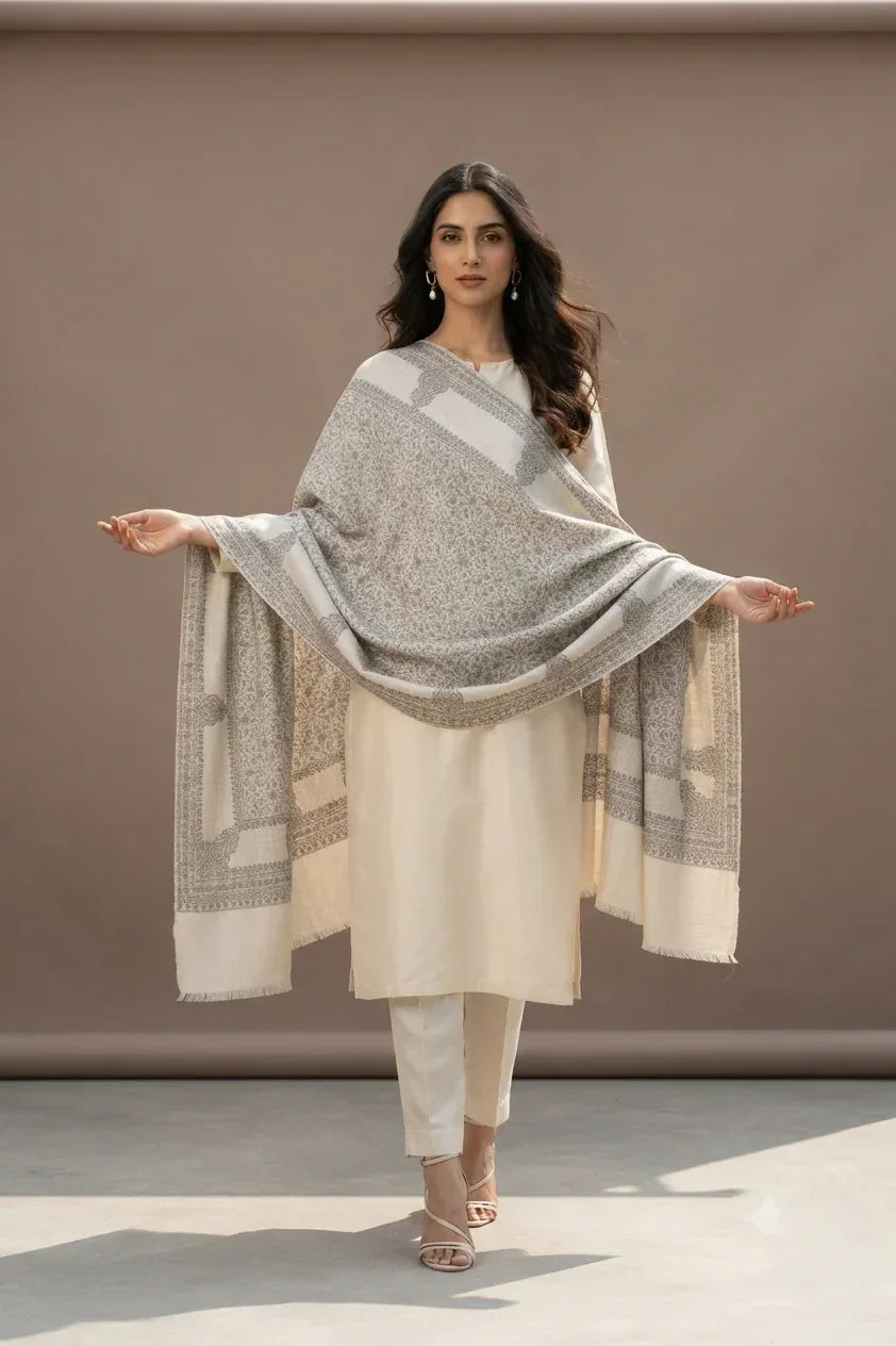 Shawl for Women – Grey Self Weave Wool with Sozni Embroidery | The Amritsar Store - The Amritsar Store