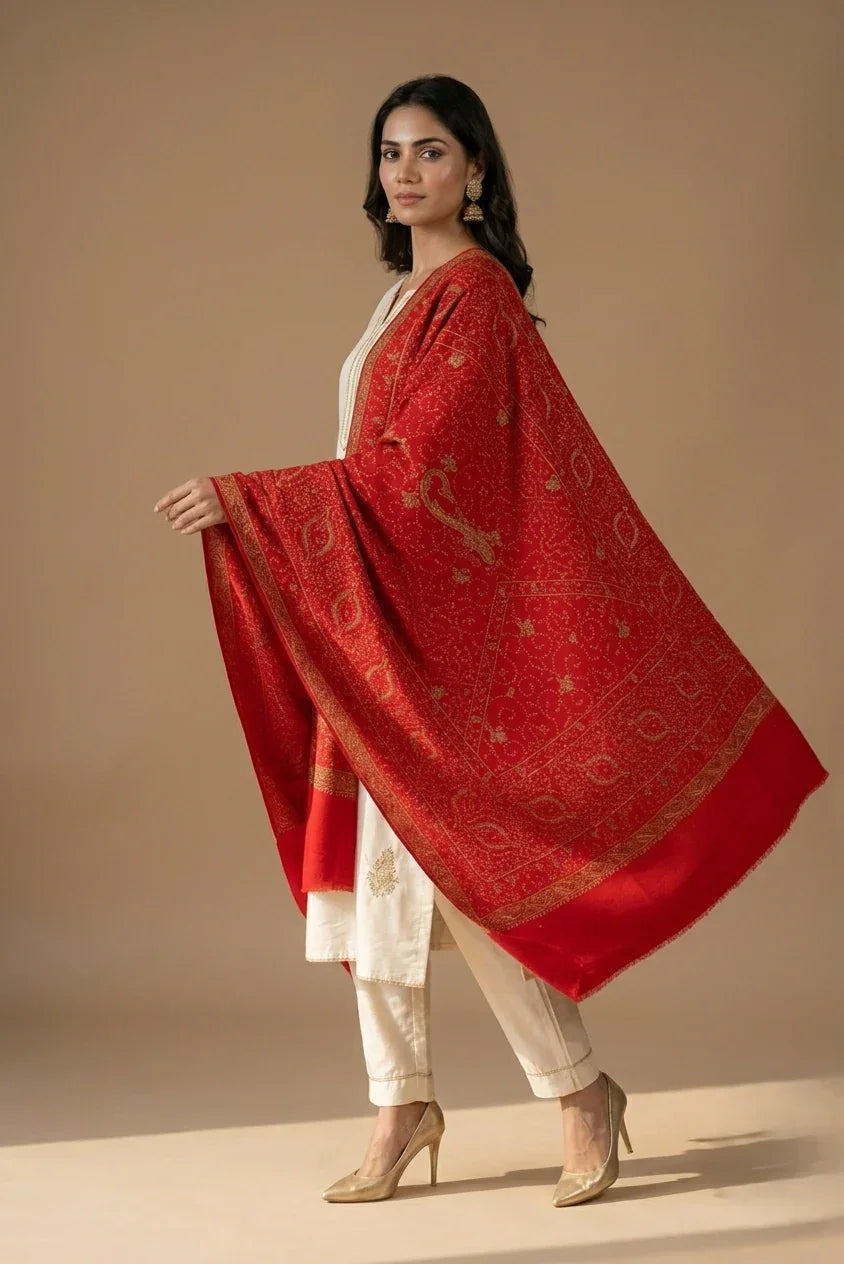 Shawl for Women – Red Pashmina with Hand Embroidery | The Amritsar Store - The Amritsar Store