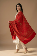 Women's red Pashmina shawl featuring exquisite hand embroidery with timeless elegance and traditional craftsmanship by The Amritsar Store.