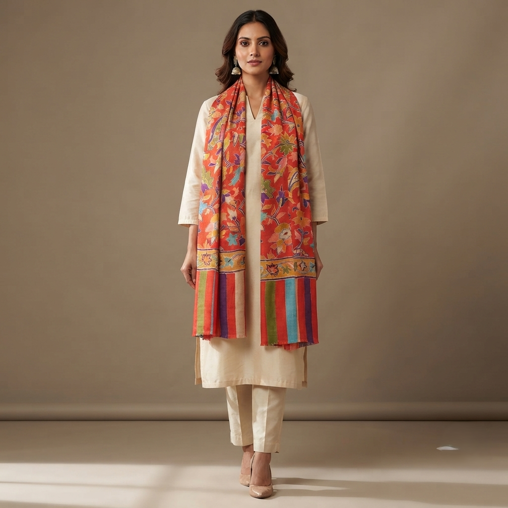 Women's handcrafted Kalamkari shawl featuring traditional artisan craftsmanship with elegant heritage-inspired detailing by The Amritsar Store.