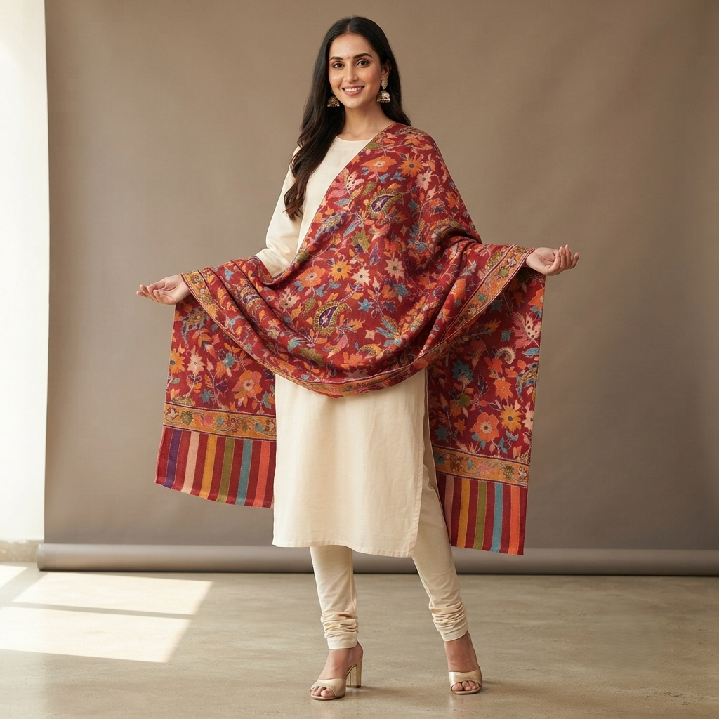Women's handcrafted Kalamkari shawl featuring traditional artisan craftsmanship with elegant heritage-inspired detailing by The Amritsar Store.