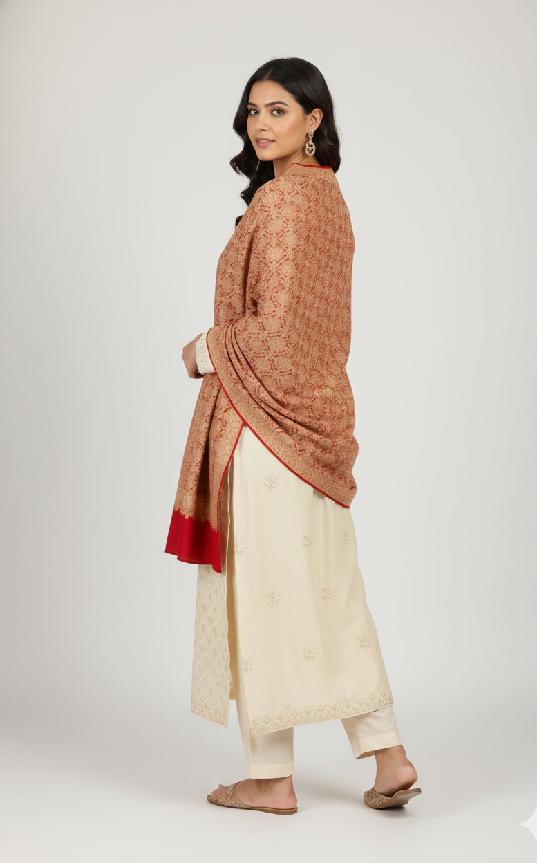 The Amritsar Store Women’s Red Shawl with full heavy embroidery jaal – richly handcrafted design showcasing traditional Kashmiri artistry and elegance