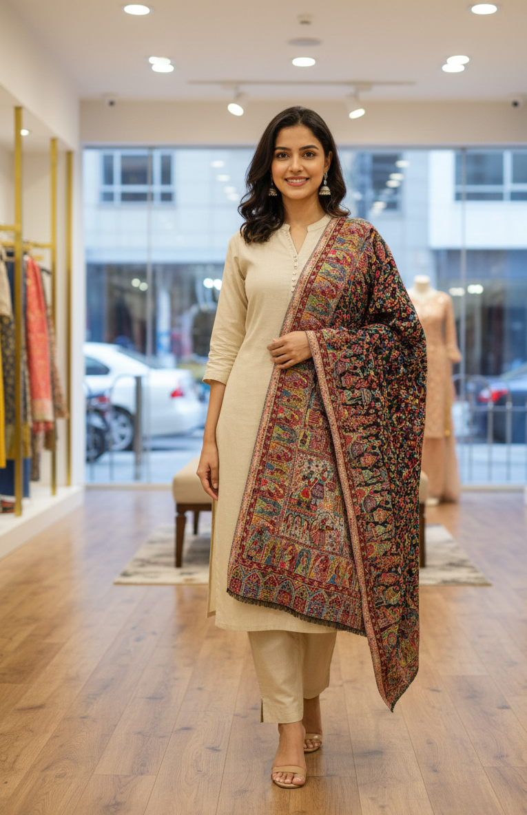 “The Amritsar Store Heritage Kani Stole – Vibrant Mughal-Inspired Story Weave (Women)”