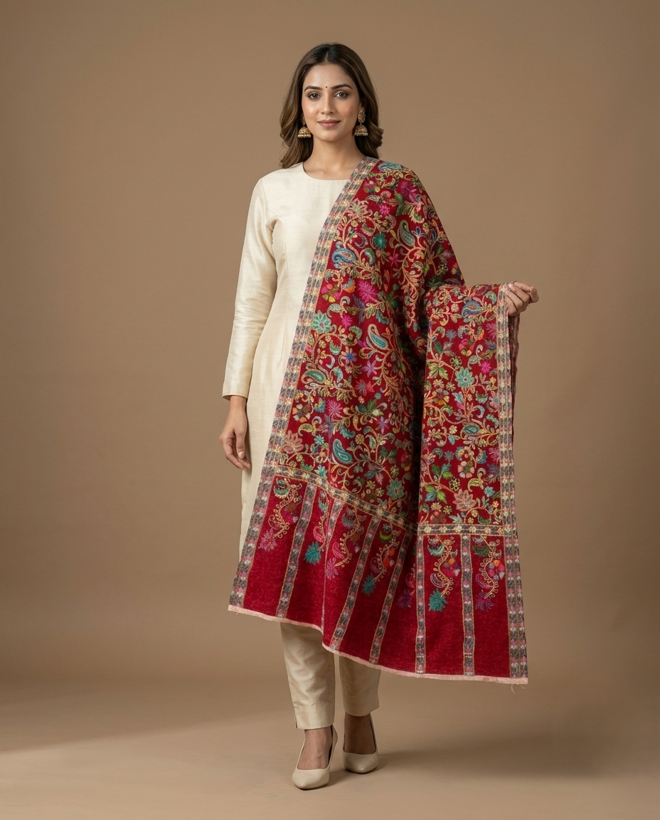 Women's Kalamkari stole featuring a Kashmiri floral jaal design with intricate traditional motifs in a designer wrap.