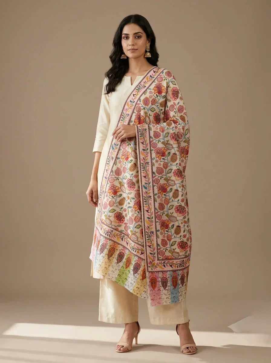 Women's Kalamkari Stole – Multicolor with Pastel Paisley Border | The Amritsar Store - The Amritsar Store