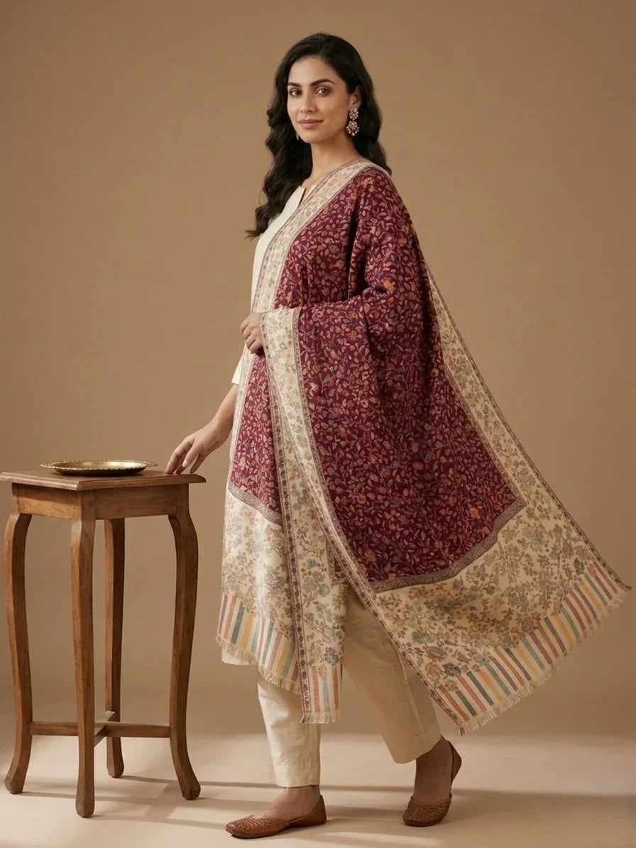 Women's Maroon Kashmiri Jaal Weave Shawl – Floral Designer Wrap | The Amritsar Store - The Amritsar Store