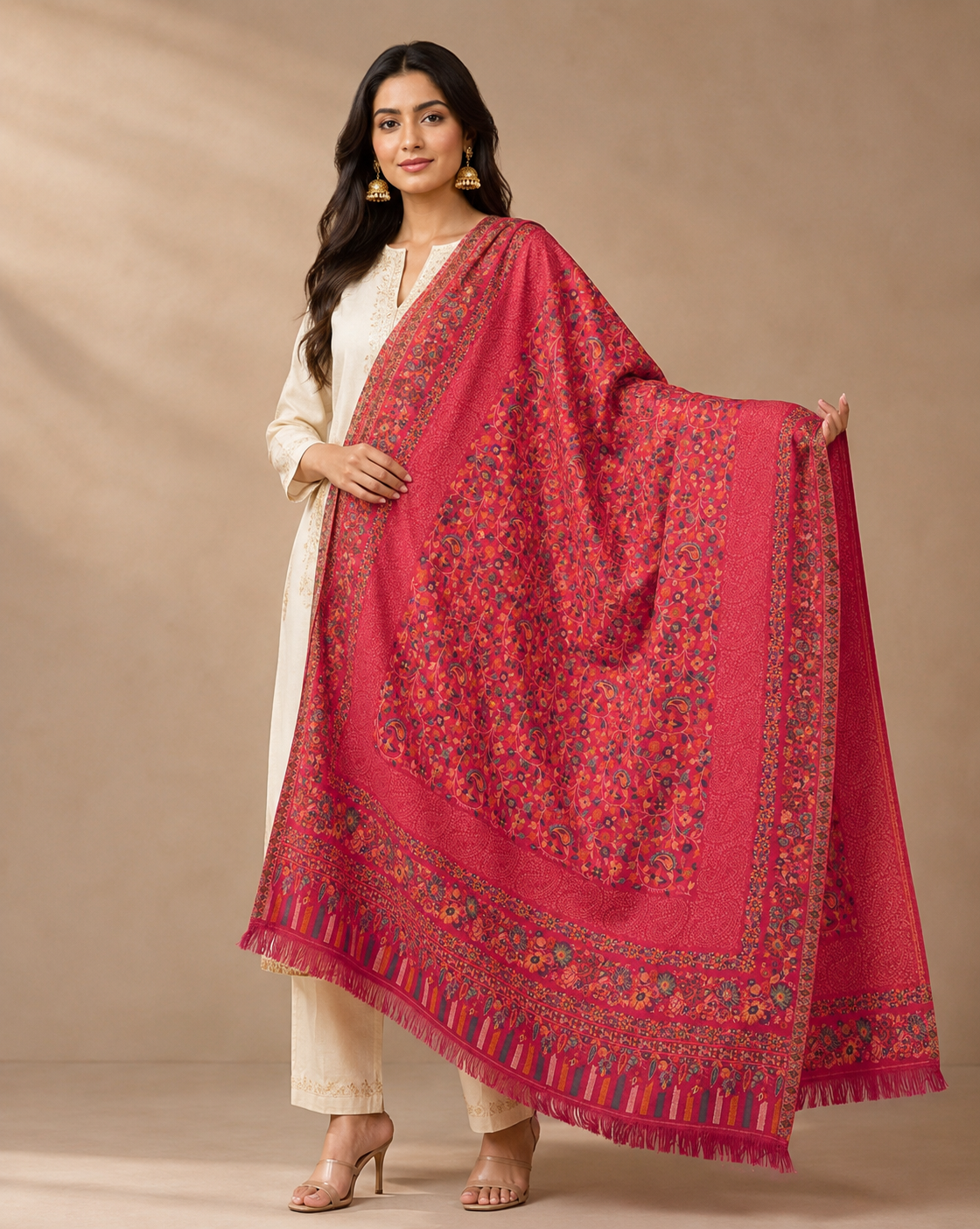 Women's Kashmiri Jaal shawl featuring intricate paisley and floral weave in a premium designer wrap with elegant traditional craftsmanship.