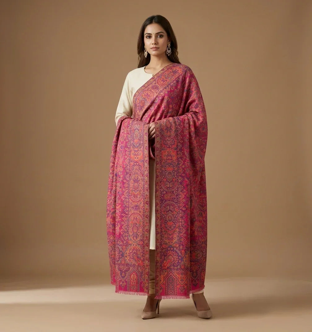 Women's Magenta Kashmiri Jaal Shawl – Multicolor Paisley & Floral Weave | The Amritsar Store - The Amritsar Store