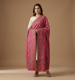 Women's magenta Kashmiri Jaal shawl featuring multicolor paisley and floral weave with elegant traditional craftsmanship in a premium designer wrap.