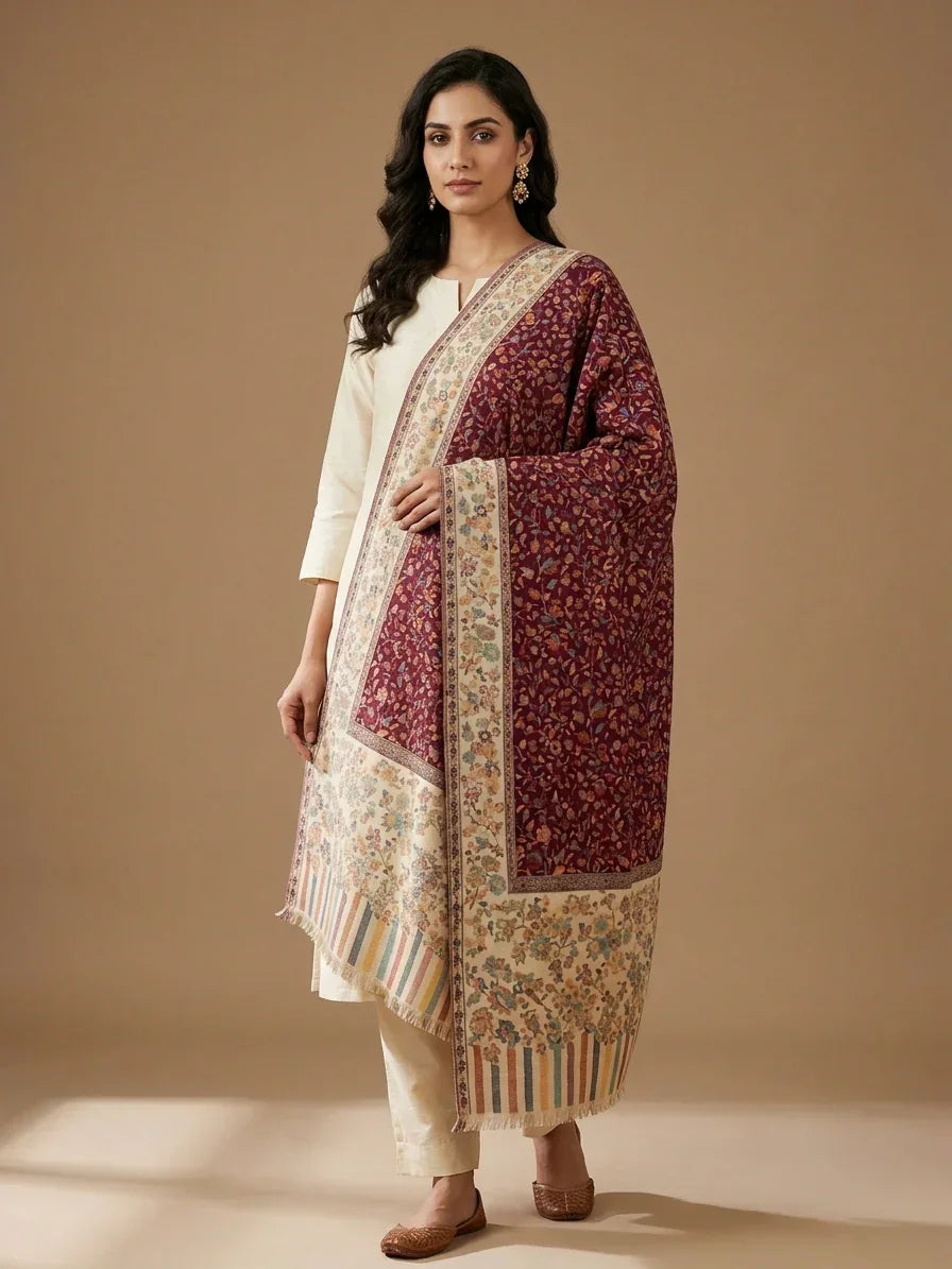 Women's Maroon Kashmiri Jaal Weave Shawl – Floral Designer Wrap | The Amritsar Store - The Amritsar Store