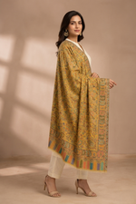 Women's Kashmiri Jaal weave shawl featuring multicolor paisley motifs in an elegant designer wrap with intricate traditional craftsmanship.