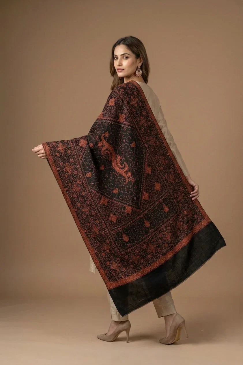 Women's Black Pashmina Shawl – Intricate Sozni Embroidery | The Amritsar Store - The Amritsar Store