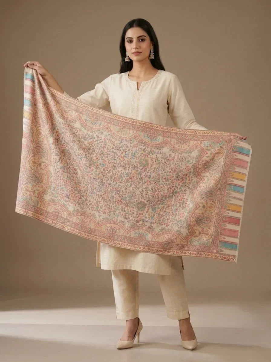 Women's Stole – Pastel Jaal Weave with Multitone Paisley & Floral Motifs | The Amritsar Store - The Amritsar Store