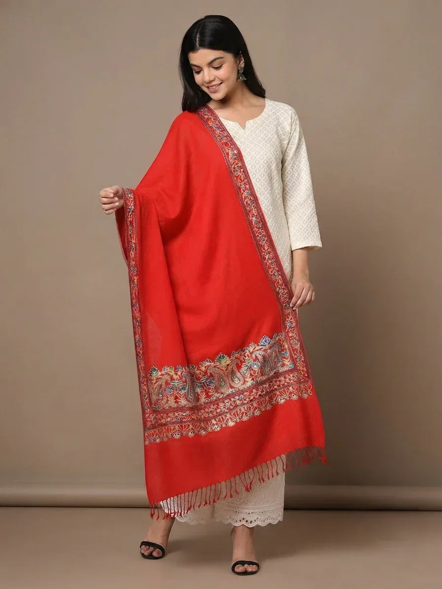 Women's Pure Wool Stole – Red Four Side Kashmiri Embroidered Wrap | The Amritsar Store - The Amritsar Store