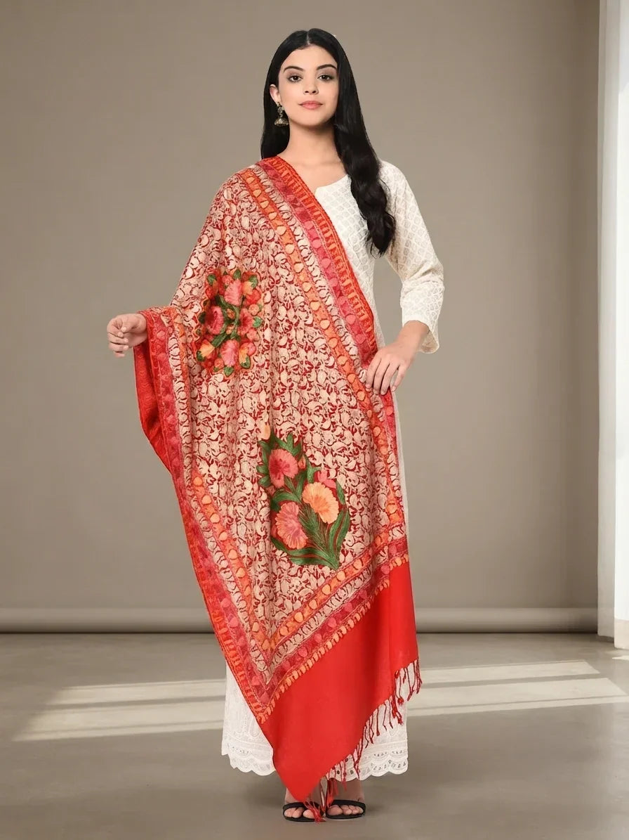 Women's Red Kashmiri Stole – Multicolor Aari Embroidered Floral Jaal | The Amritsar Store - The Amritsar Store