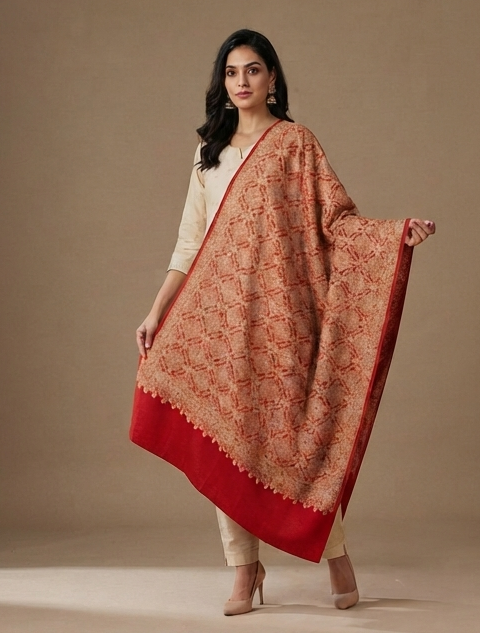 Women's Red Shawl with Full Heavy Jaal Embroidery, handcrafted embroidered shawl by The Amritsar Store