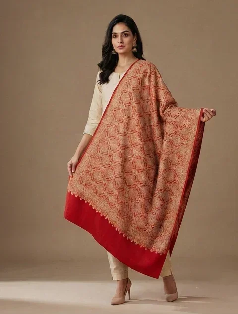 Women's Red Shawl with Full Heavy Jaal Embroidery | The Amritsar Store - The Amritsar Store